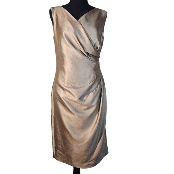 Max Mara Taupe Ruched Italian Dress 6 Elegant Silk Cocktail Minimalist Old Money - Picture 3 of 14